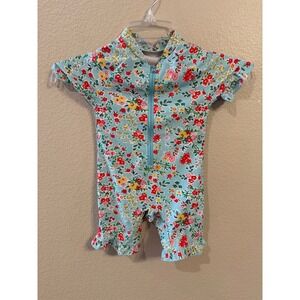 Unbranded Floral Rash Guard Swimsuit Kids 12/18M Blue Excellent One Piece Ruffle